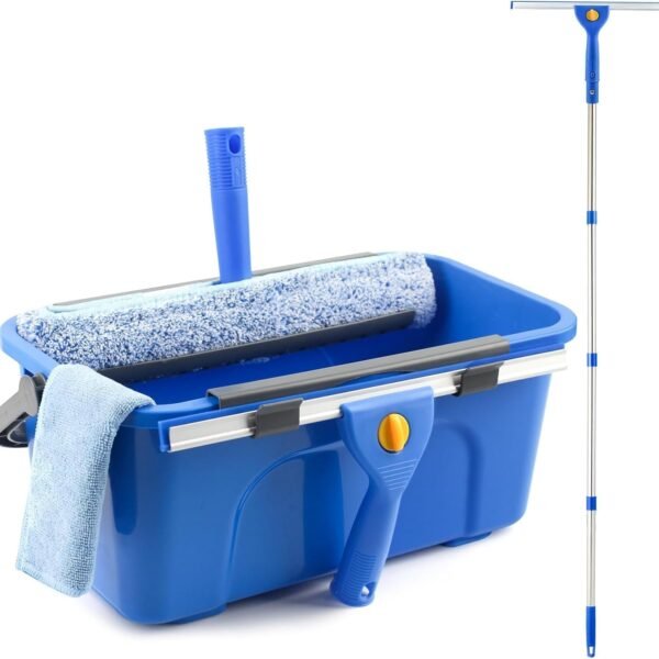 Window Cleaning Kit with Bucket, Squeegee and Scrubber for Outdoor | Professional Window Washing kit, 61" High Window Squeegee & Scrubber, 3 Gal Bucket, Window Cleaner Tool for Home, Commercial