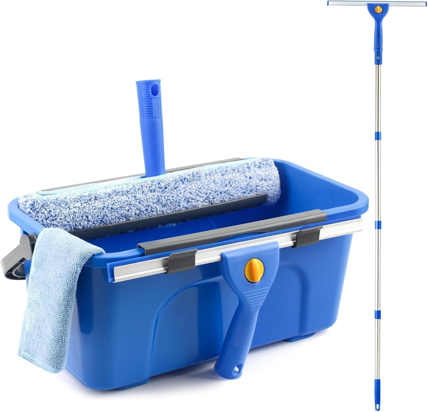 Window Cleaning Kit with Bucket, Squeegee and Scrubber for Outdoor | Professional Window Washing kit, 61" High Window Squeegee & Scrubber, 3 Gal Bucket, Window Cleaner Tool for Home, Commercial