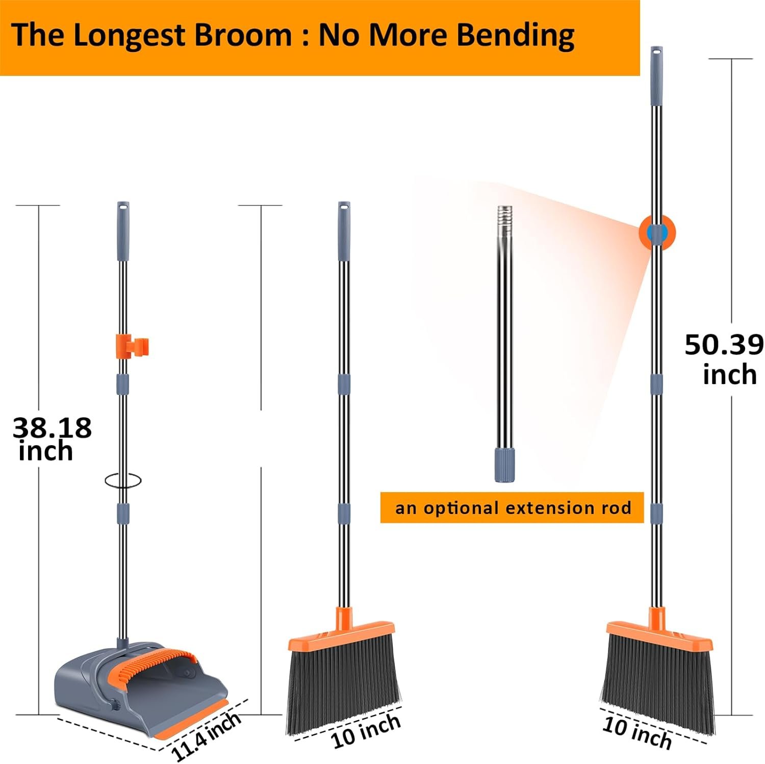 Upgrade Broom and Dustpan Set, Self-Cleaning with Dustpan Teeth, Indoor&Outdoor Sweeping, Ideal for Dog Cat Pets Home Use, Stand Up Broom and Dustpan (Gray&Orange) - Image 2