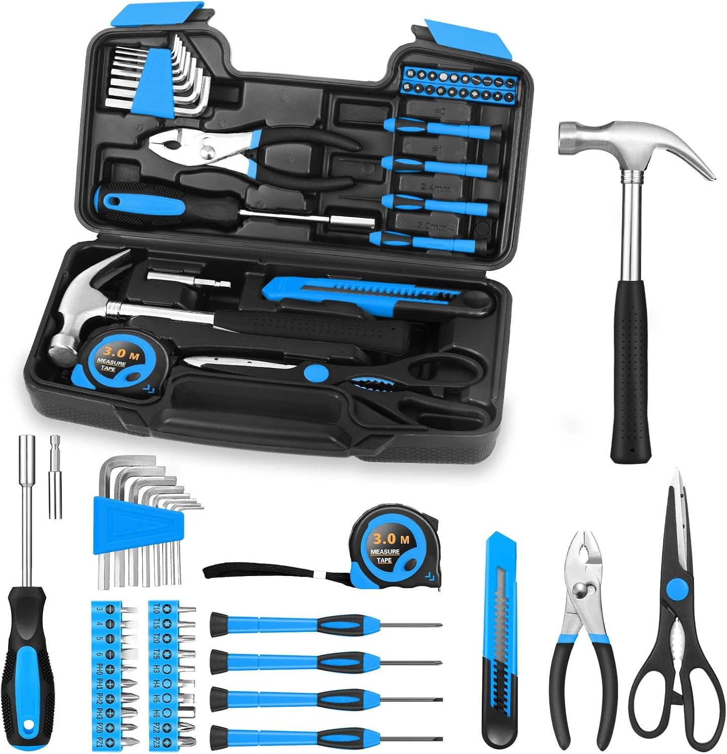 39-Piece Basic Household Tool Set with Toolbox Storage Case, Blue | Basic Home Tool Kit, Small Hand Tool Kit, General Home Repair, for Home Garage, Office, College Dormitory, Daily DIY Use