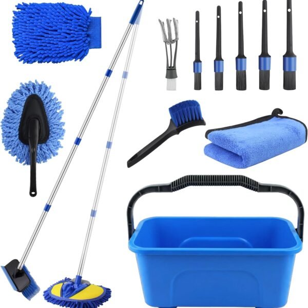 17Pcs Car Wash Kit with Bucket for Washing Exterior & Interior Cars | Professional Car Cleaning Kit, 62" Long Handle Car Wash Brush, Mop, Mitt, Duster, Wheel Brush, Detailing Brushes for RV Truck
