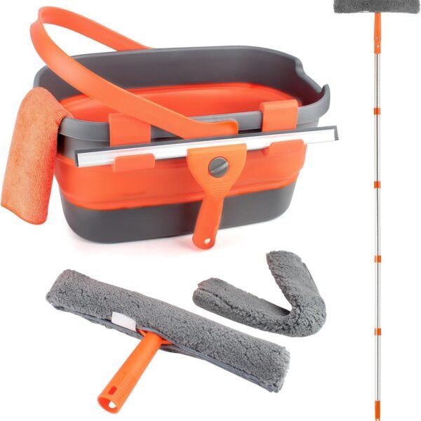 Professional Window Cleaning Kit with Collapsible Bucket for Home, Outdoor | 61" Long Handle Window Squeegee, Microfiber Scrubber, 3 Gal Bucket, High Window Washing Kit, Window Cleaner Tool, Commercial