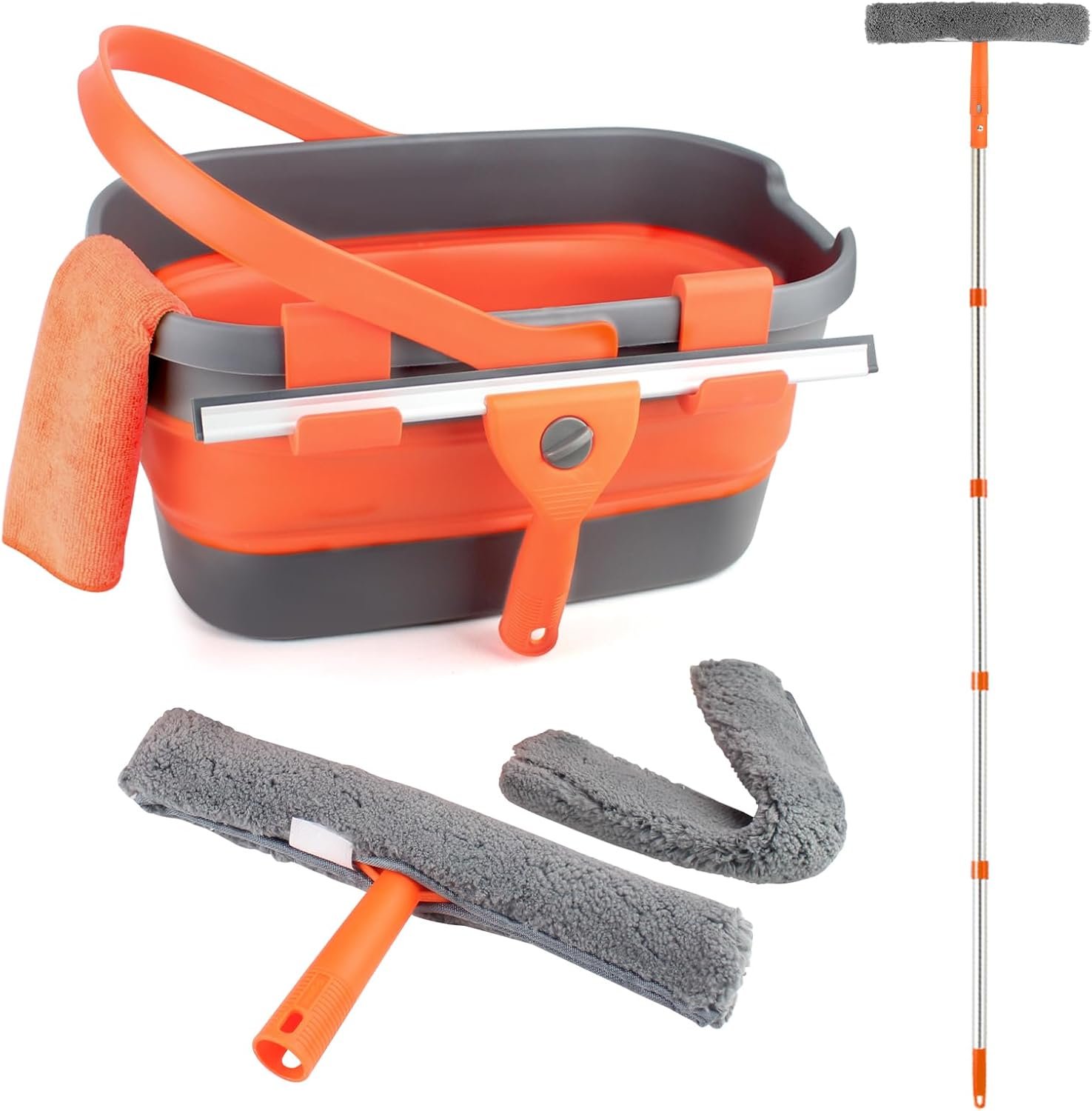 Professional Window Cleaning Kit with Collapsible Bucket for Home, Outdoor | 61" Long Handle Window Squeegee, Microfiber Scrubber, 3 Gal Bucket, High Window Washing Kit, Window Cleaner Tool, Commercial