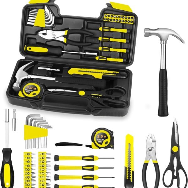39-Piece Household Tools Kit, Yellow Tool Set with Storage Case | Basic Home Tool Set with Storage Case, General Household Hand Tool Kit, Home Garage Office College Dormitory Use