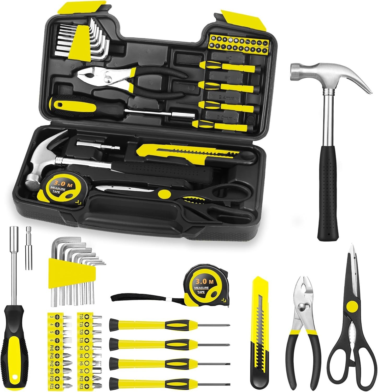 39-Piece Household Tools Kit, Yellow Tool Set with Storage Case | Basic Home Tool Set with Storage Case, General Household Hand Tool Kit, Home Garage Office College Dormitory Use