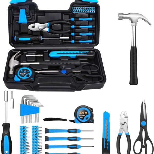 39 Piece Basic Home Tool Set Household Tool Set General Repair Small Hand Tool Kit in Toolbox Storage Case for Home Garage Office College Dormitory Use, Blue