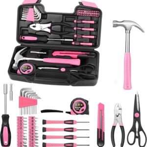39-Piece Household Tool Set, Pink Tool Kit for Women with Toolbox | All Purpose Basic Household Tool Set for Women, Small Tool Kit with Toolbox, for Home, Garage, Office, College Dormitory Use