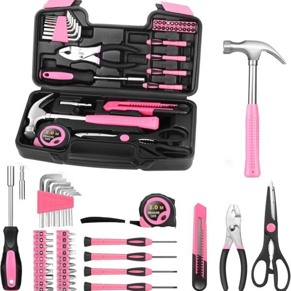 39-Piece Household Tool Set, Pink Tool Kit for Women with Toolbox | All Purpose Basic Household Tool Set for Women, Small Tool Kit with Toolbox, for Home, Garage, Office, College Dormitory Use