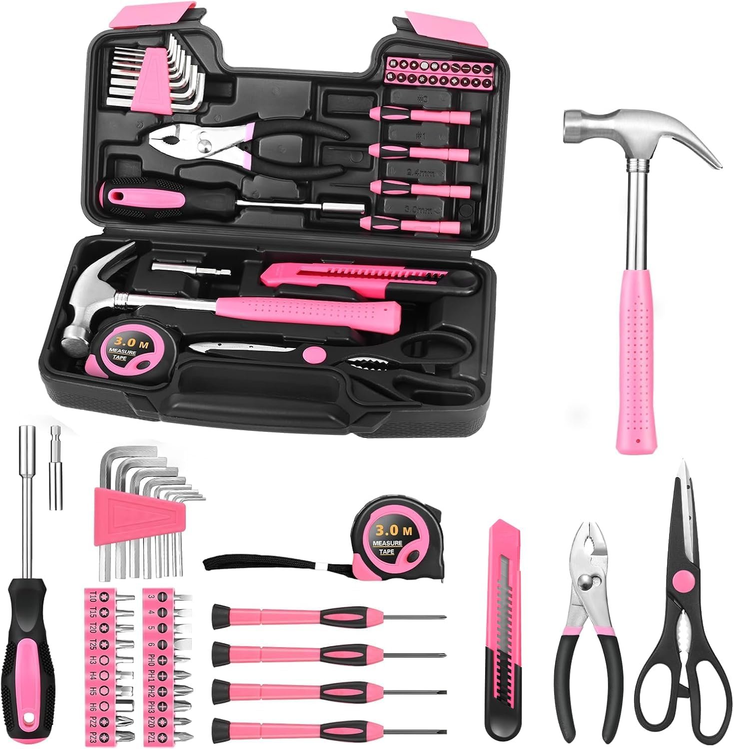 39-Piece Household Tool Set, Pink Tool Kit for Women with Toolbox | All Purpose Basic Household Tool Set for Women, Small Tool Kit with Toolbox, for Home, Garage, Office, College Dormitory Use