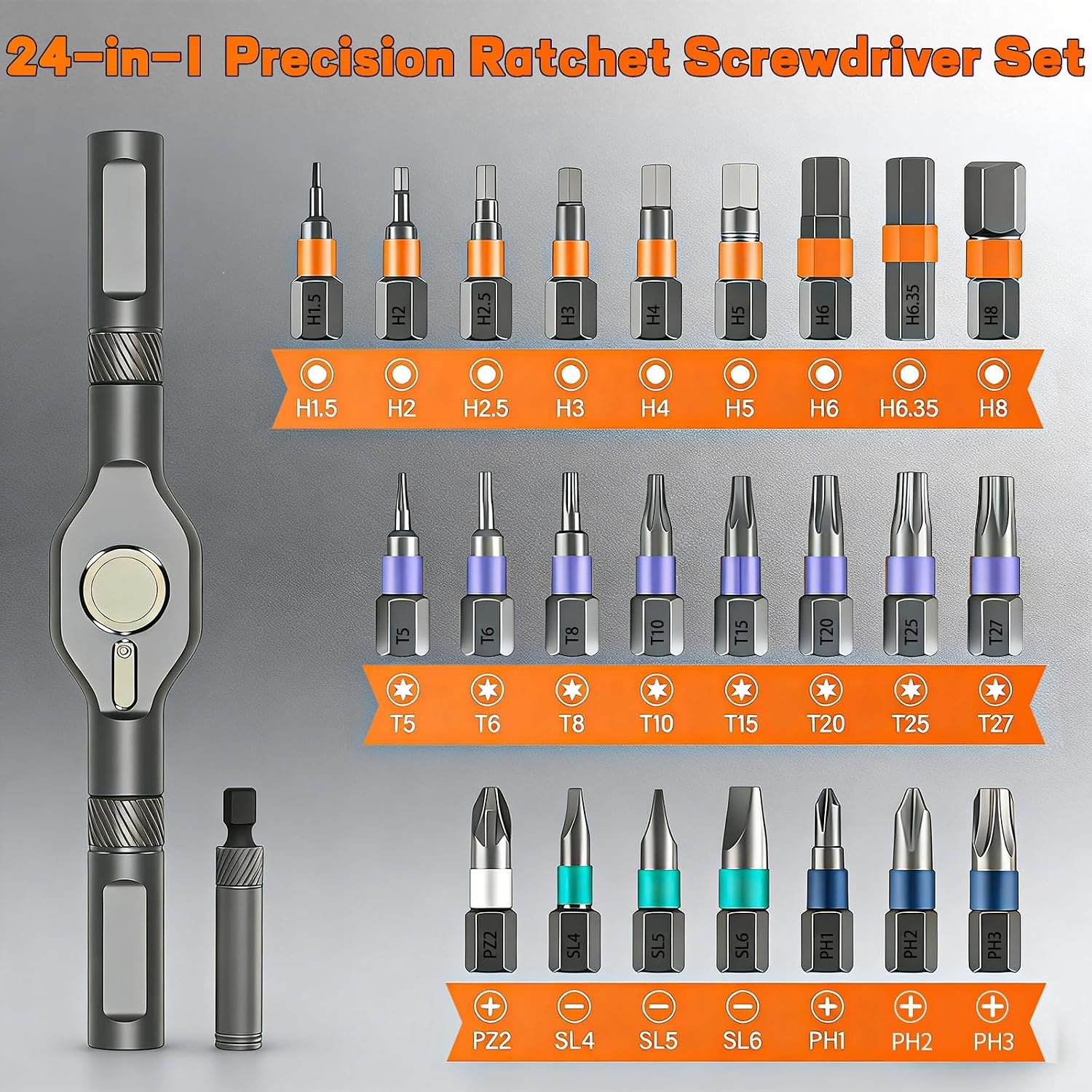 2026 New 24 in 1 Magnetic Ratchet Screwdriver Set, DIY Screwdriver Set with Detachable Handle, Portable Compact Repair Tool Kit for Furniture Laptop Electronicsv Bicycle - Image 2